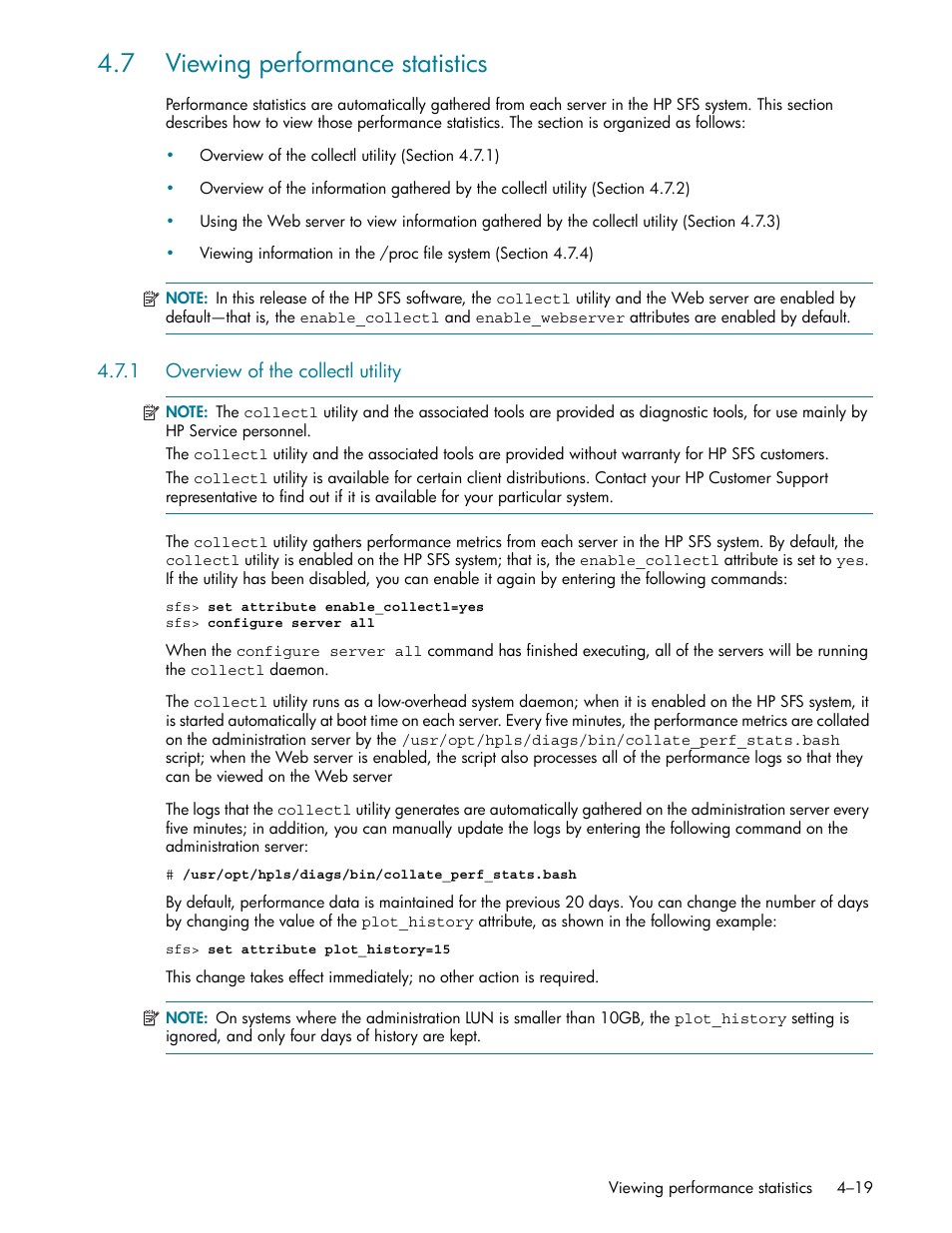 7 viewing performance statistics, 1 overview of the collectl utility, 7 viewing performance statistics -19 | Overview of the collectl utility -19, Viewing performance statistics (section 4.7) | HP StorageWorks Scalable File Share User Manual | Page 75 / 362