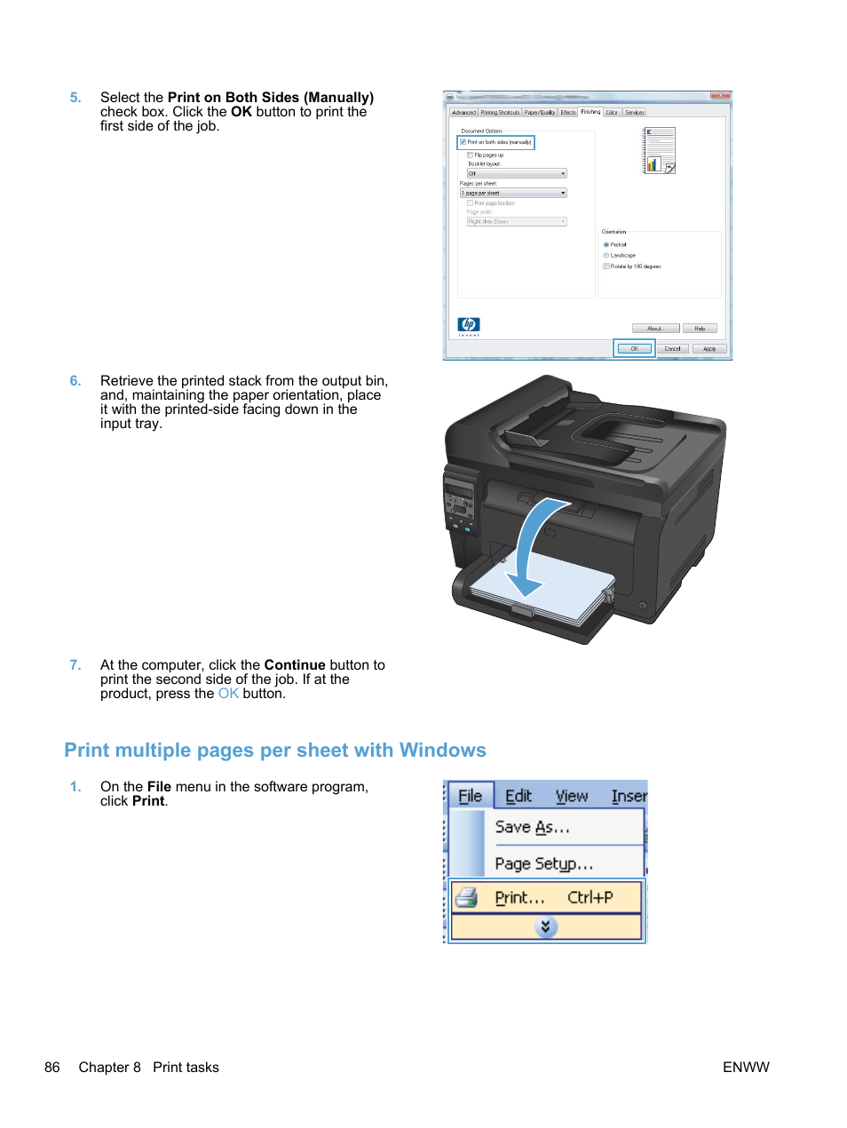 Print multiple pages per sheet with windows | HP LaserJet Pro 100 color MFP M175nw User Manual | Page 100 / 220