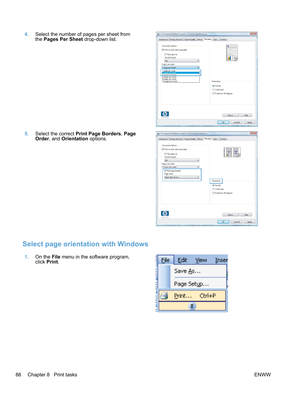 Select page orientation with windows | HP LaserJet Pro 100 color MFP M175nw User Manual | Page 102 / 220