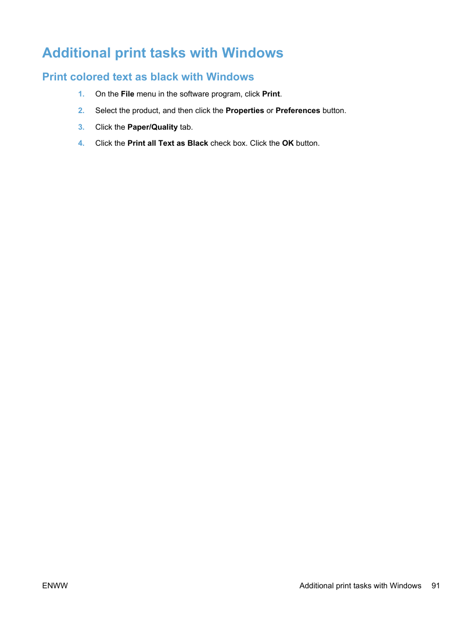Additional print tasks with windows, Print colored text as black with windows | HP LaserJet Pro 100 color MFP M175nw User Manual | Page 105 / 220