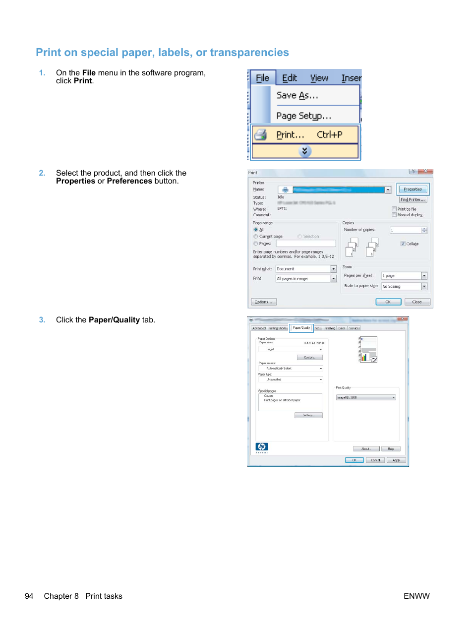 Print on special paper, labels, or transparencies | HP LaserJet Pro 100 color MFP M175nw User Manual | Page 108 / 220