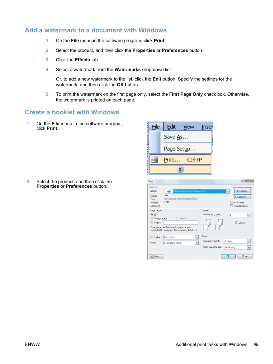 Add a watermark to a document with windows, Create a booklet with windows | HP LaserJet Pro 100 color MFP M175nw User Manual | Page 113 / 220