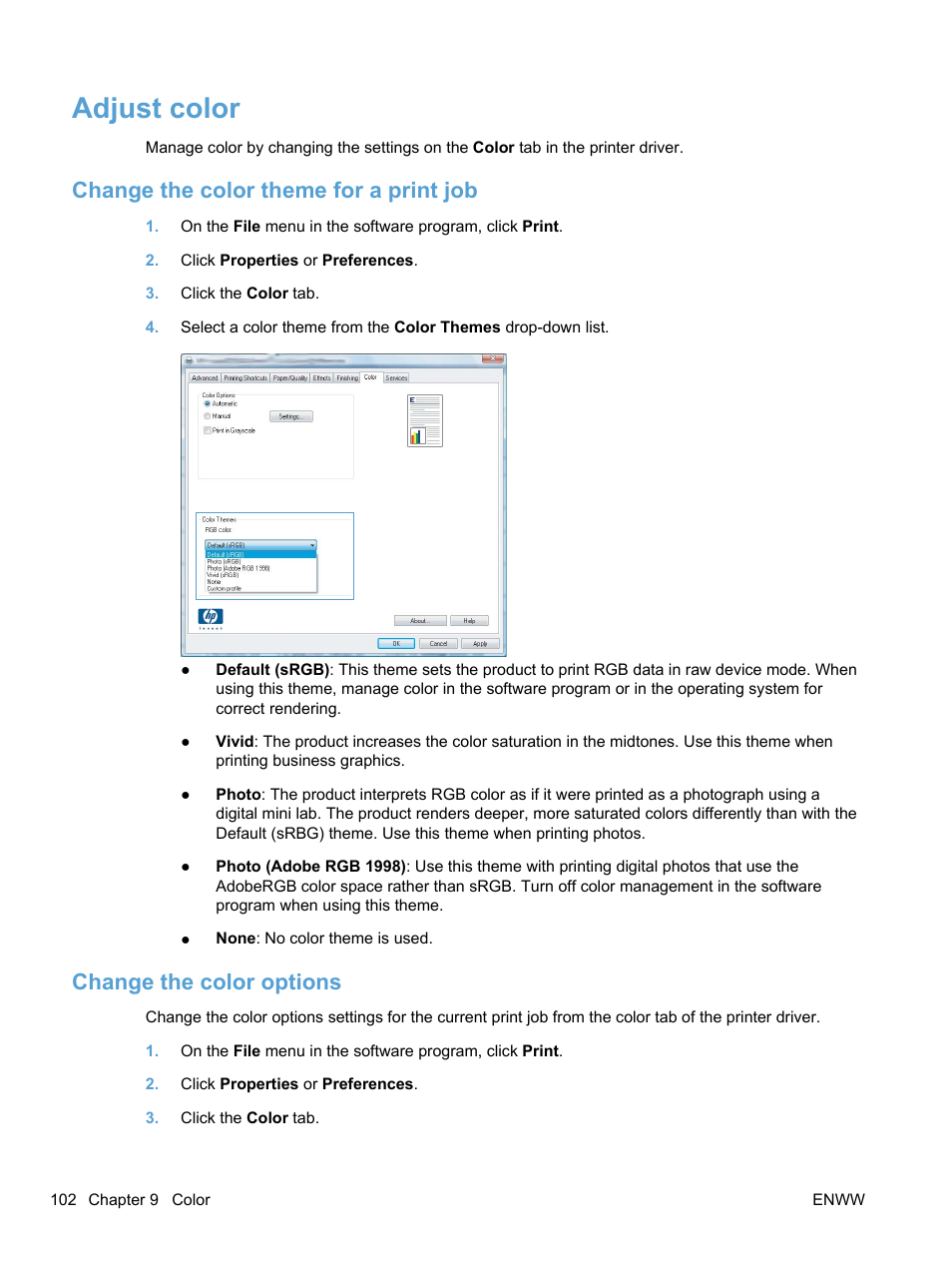 Adjust color, Change the color theme for a print job, Change the color options | HP LaserJet Pro 100 color MFP M175nw User Manual | Page 116 / 220