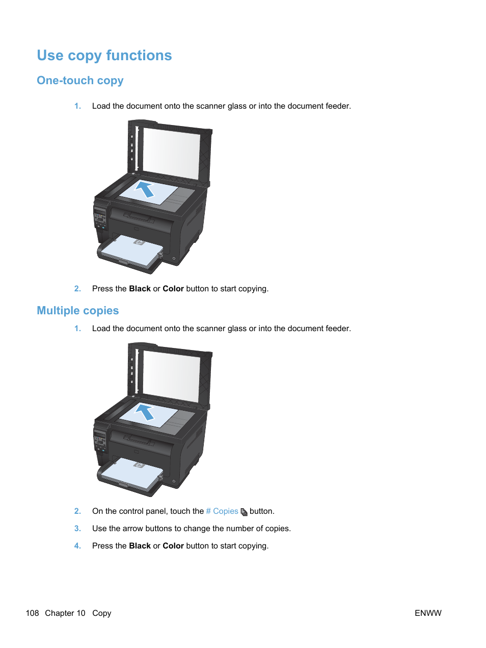 Use copy functions, One-touch copy, Multiple copies | One-touch copy multiple copies | HP LaserJet Pro 100 color MFP M175nw User Manual | Page 122 / 220