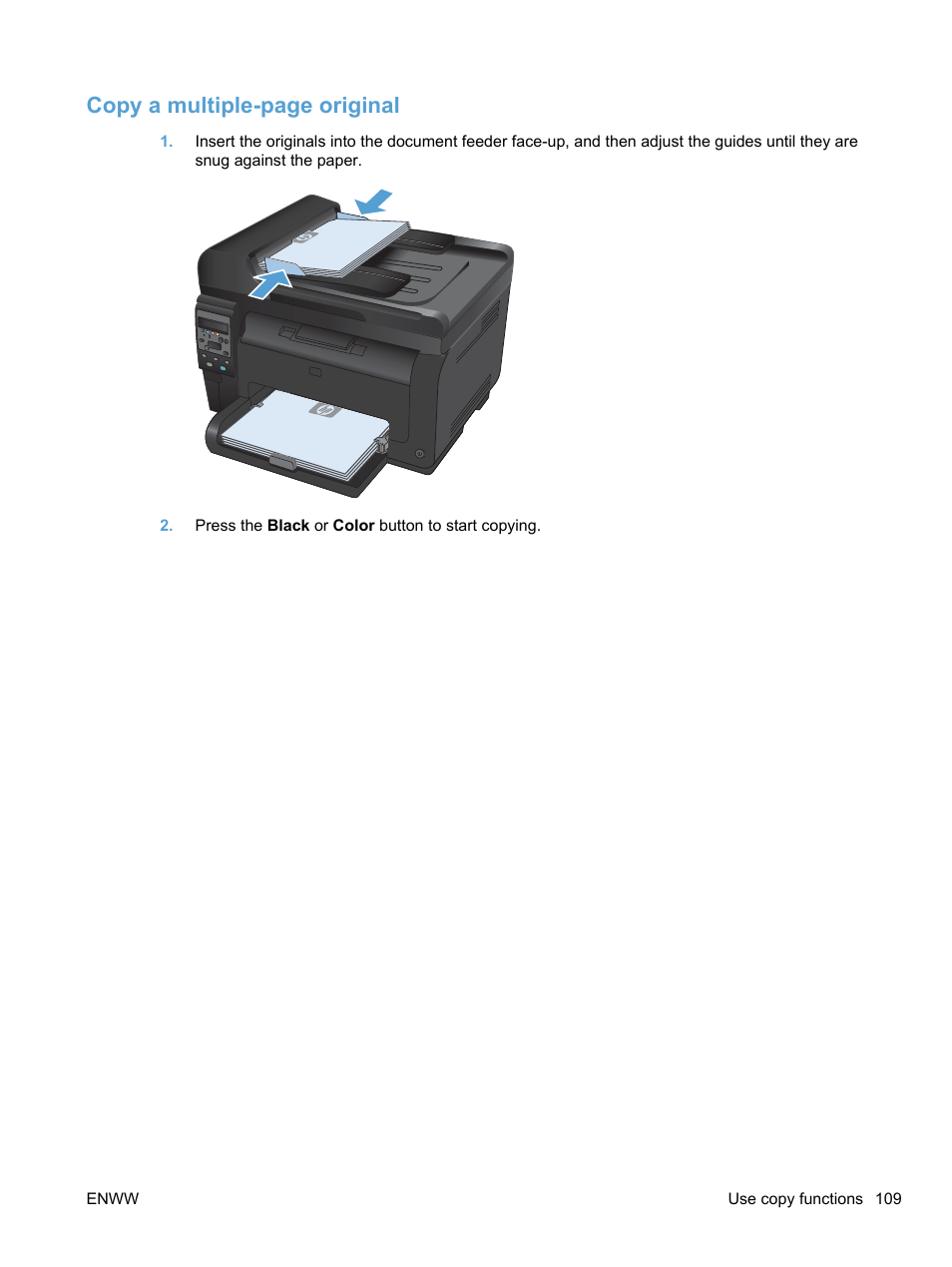 Copy a multiple-page original | HP LaserJet Pro 100 color MFP M175nw User Manual | Page 123 / 220