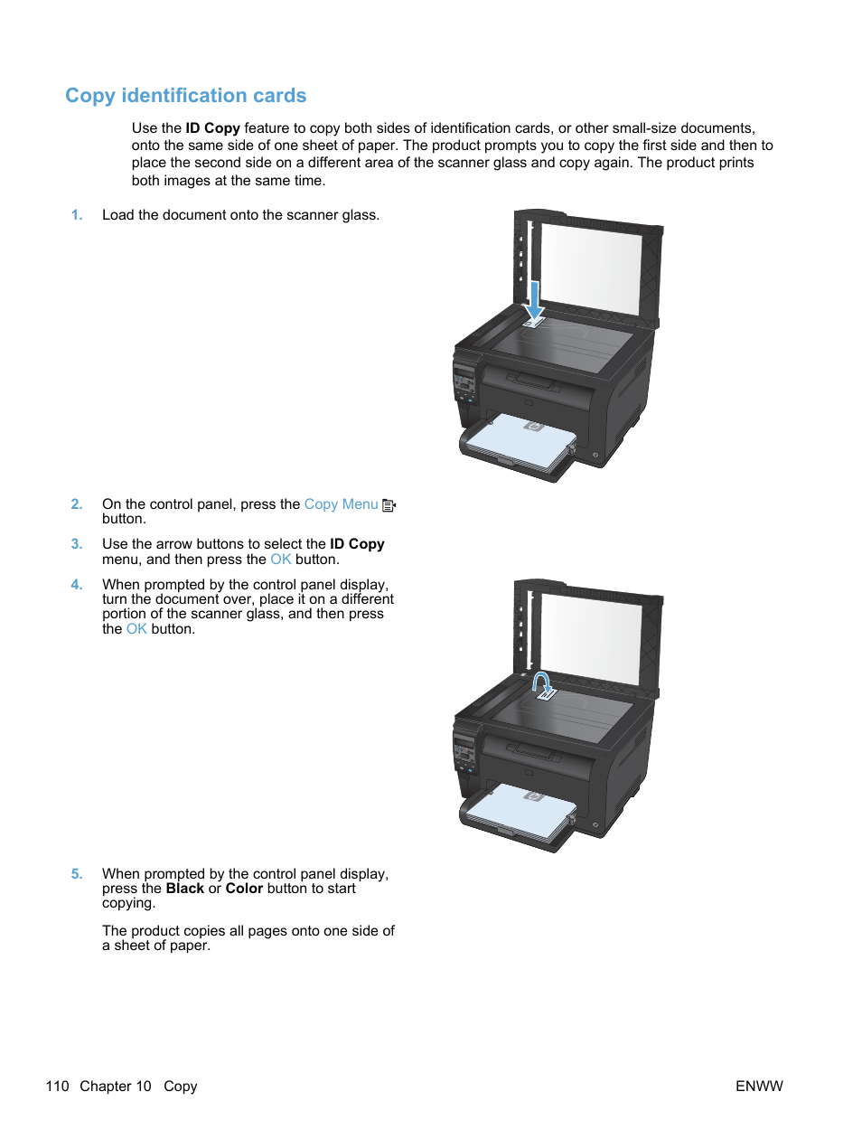 Copy identification cards | HP LaserJet Pro 100 color MFP M175nw User Manual | Page 124 / 220