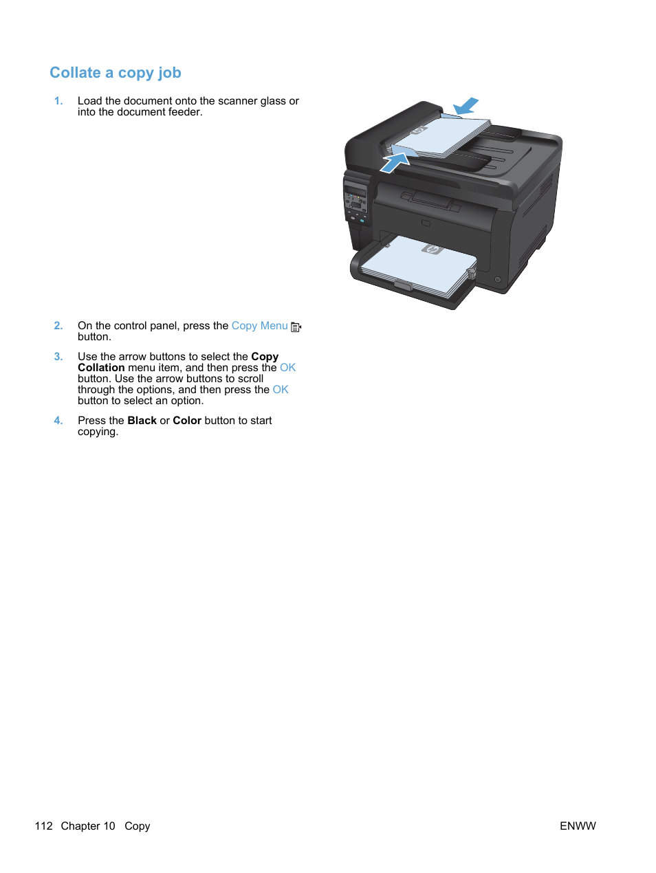 Collate a copy job | HP LaserJet Pro 100 color MFP M175nw User Manual | Page 126 / 220