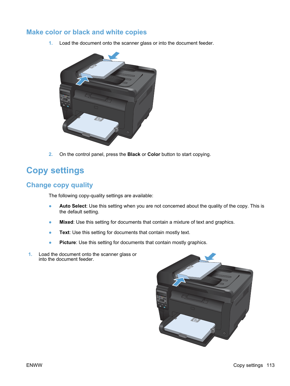 Make color or black and white copies, Copy settings, Change copy quality | HP LaserJet Pro 100 color MFP M175nw User Manual | Page 127 / 220