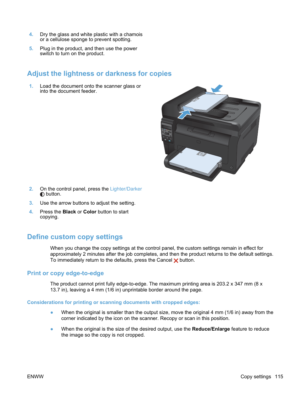 Adjust the lightness or darkness for copies, Define custom copy settings, Print or copy edge-to-edge | HP LaserJet Pro 100 color MFP M175nw User Manual | Page 129 / 220