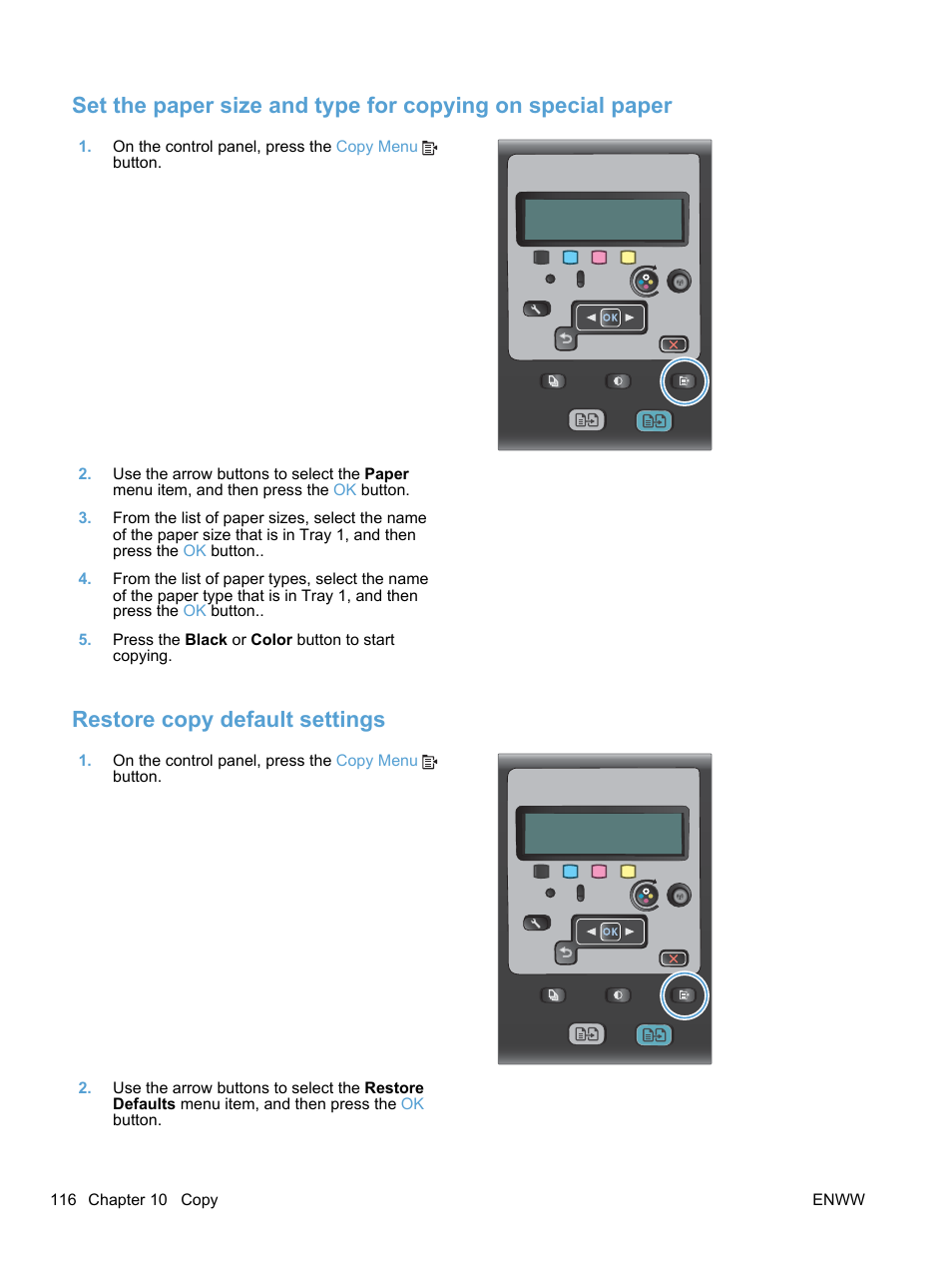 Restore copy default settings | HP LaserJet Pro 100 color MFP M175nw User Manual | Page 130 / 220