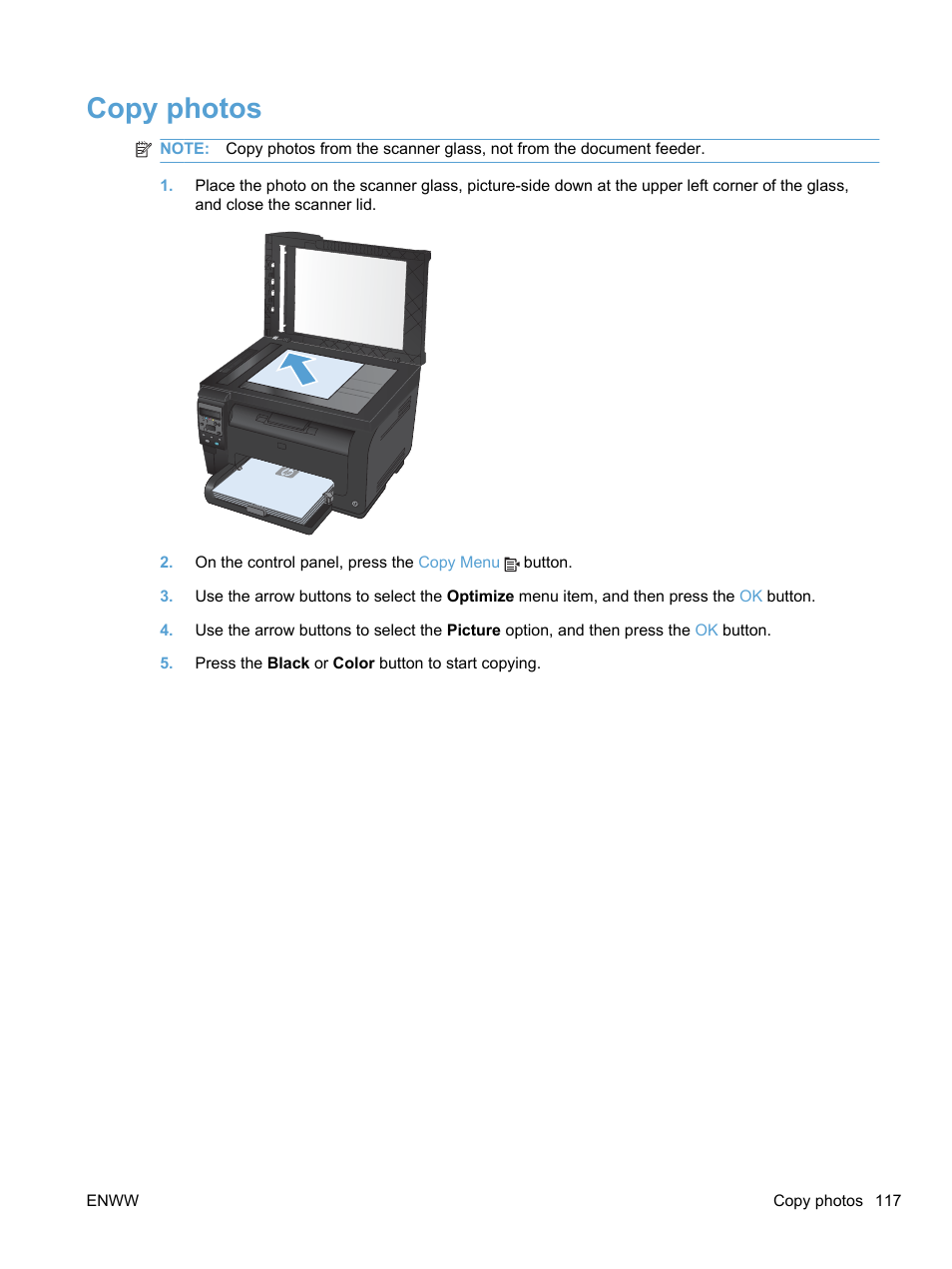 Copy photos | HP LaserJet Pro 100 color MFP M175nw User Manual | Page 131 / 220