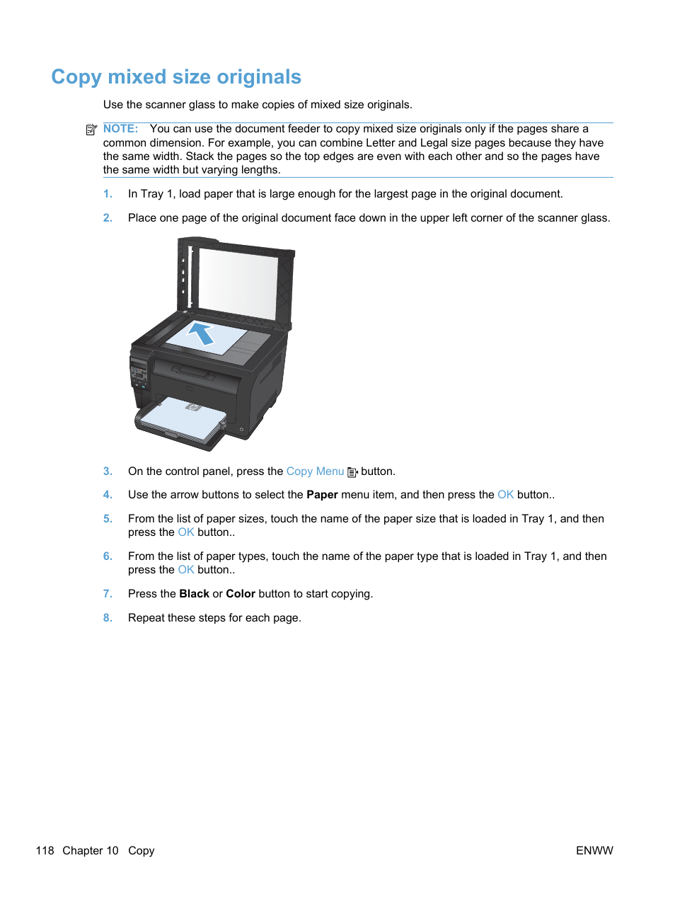Copy mixed size originals | HP LaserJet Pro 100 color MFP M175nw User Manual | Page 132 / 220