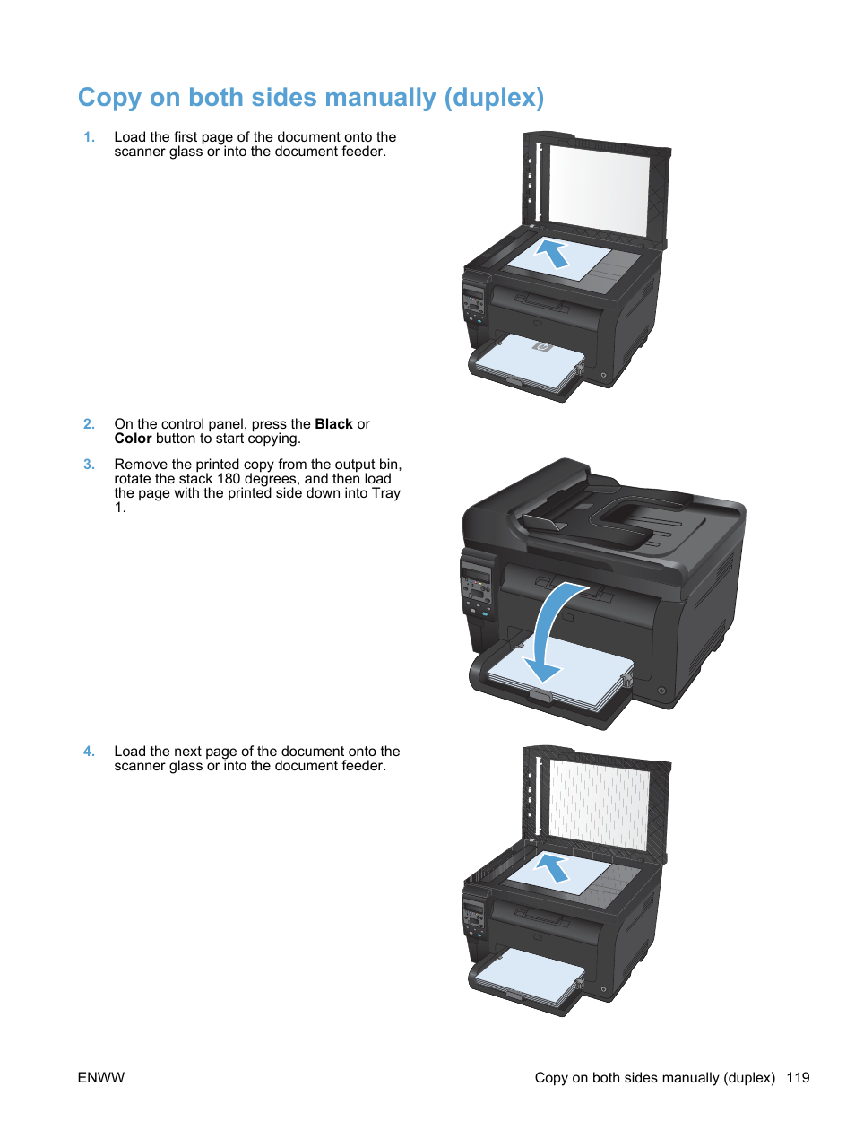 Copy on both sides manually (duplex) | HP LaserJet Pro 100 color MFP M175nw User Manual | Page 133 / 220
