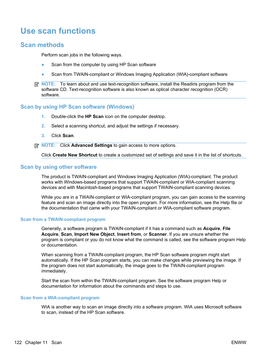 Use scan functions, Scan methods, Scan by using hp scan software (windows) | Scan by using other software, Scan from a twain-compliant program, Scan from a wia-compliant program | HP LaserJet Pro 100 color MFP M175nw User Manual | Page 136 / 220