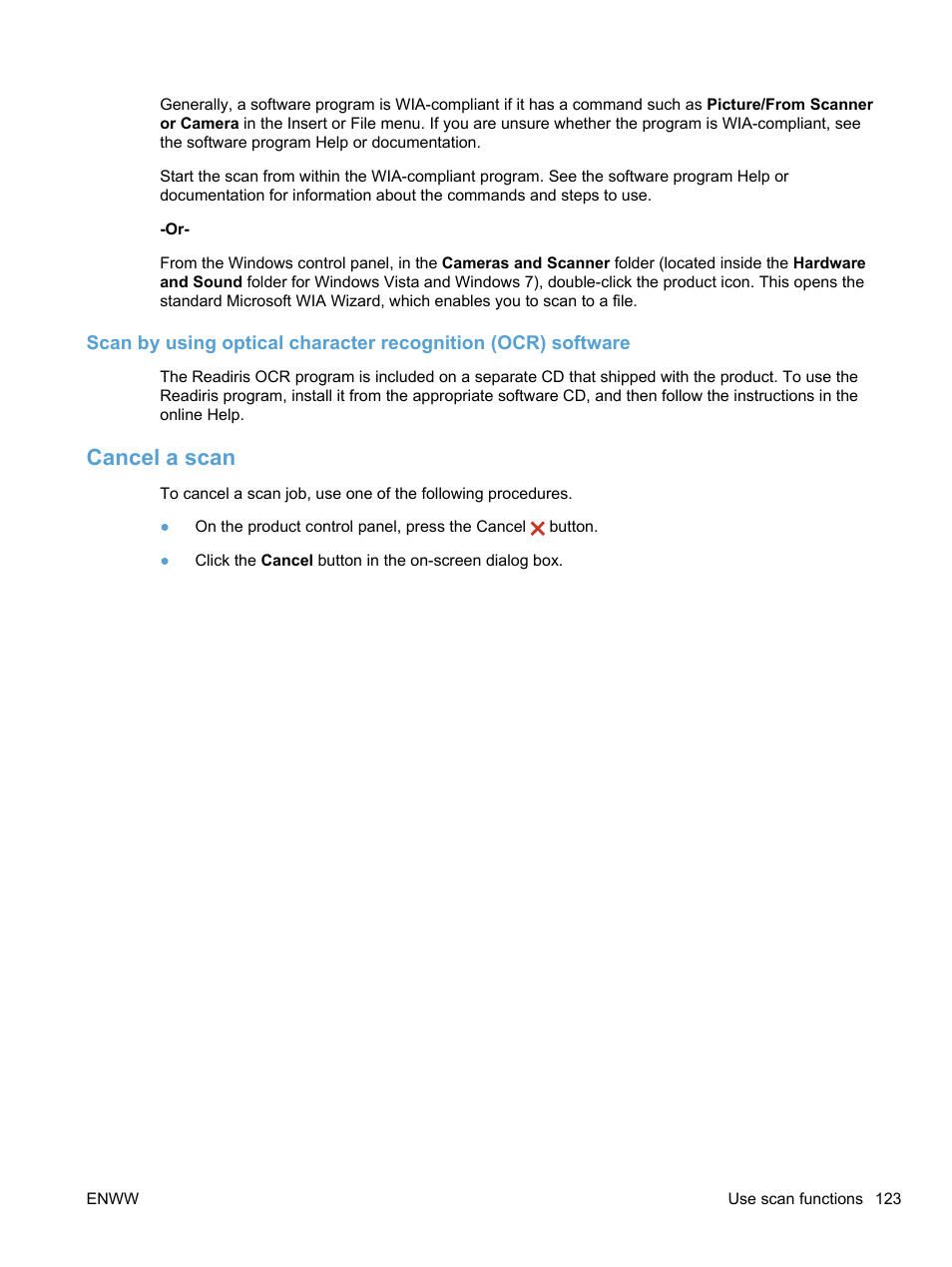 Cancel a scan | HP LaserJet Pro 100 color MFP M175nw User Manual | Page 137 / 220
