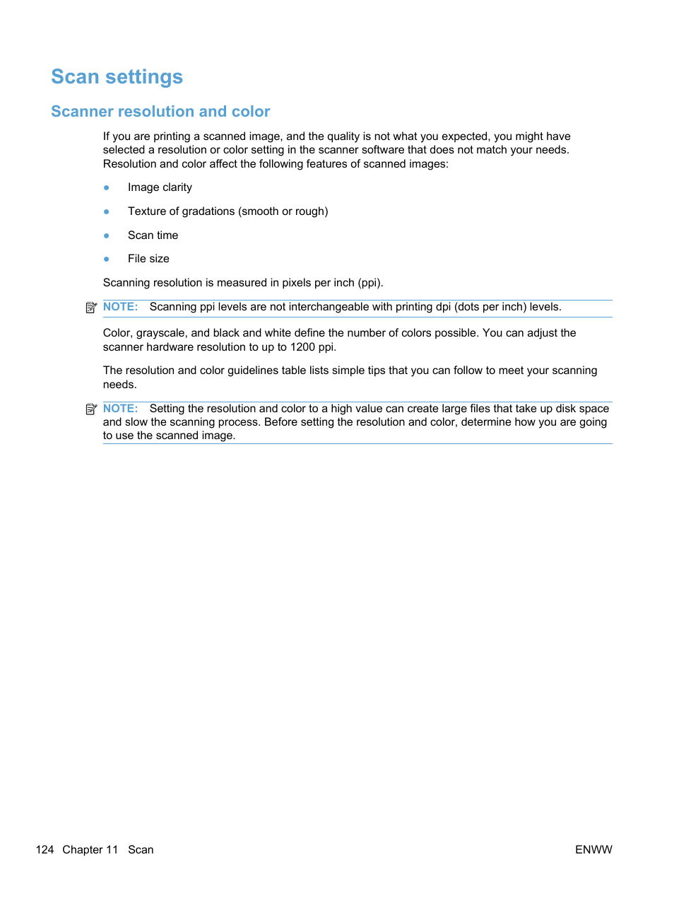Scan settings, Scanner resolution and color | HP LaserJet Pro 100 color MFP M175nw User Manual | Page 138 / 220