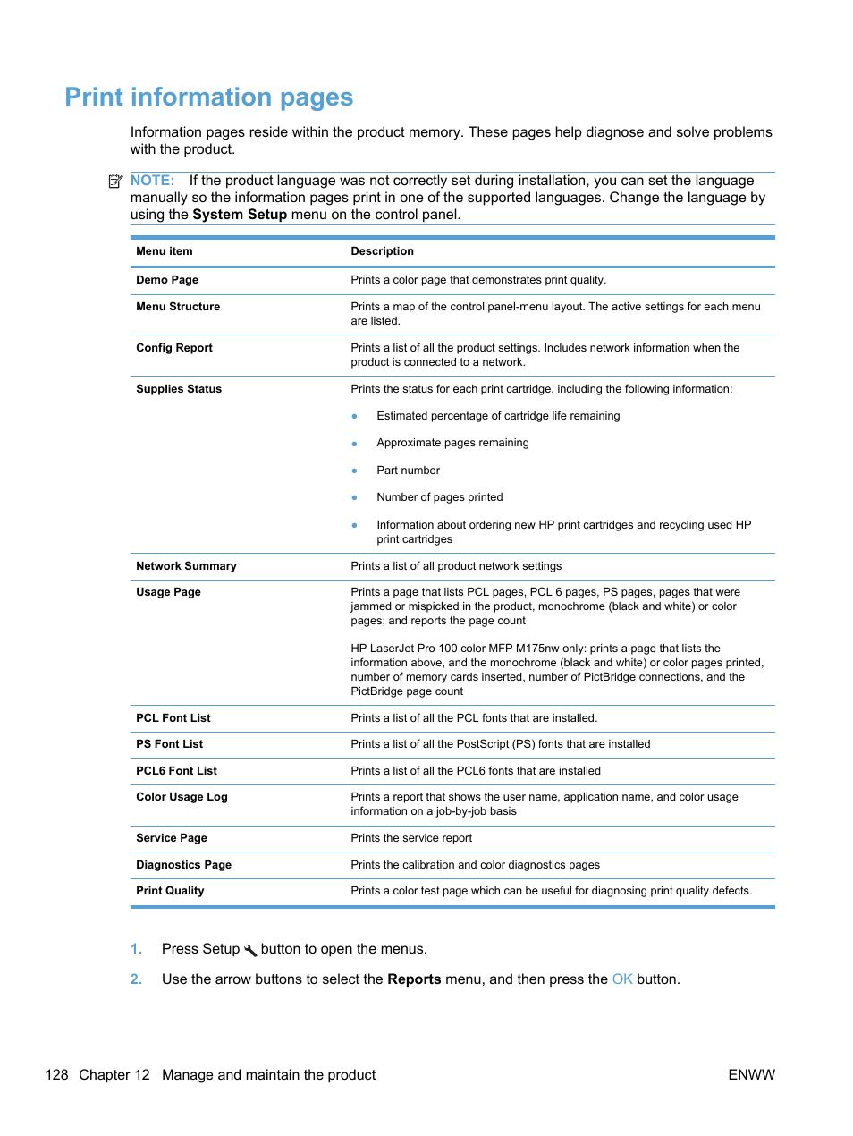 Print information pages | HP LaserJet Pro 100 color MFP M175nw User Manual | Page 142 / 220