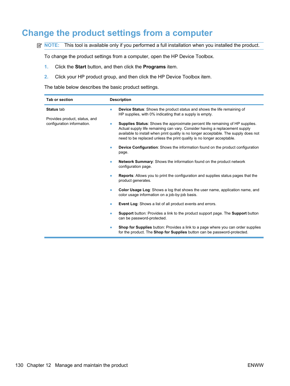 Change the product settings from a computer | HP LaserJet Pro 100 color MFP M175nw User Manual | Page 144 / 220