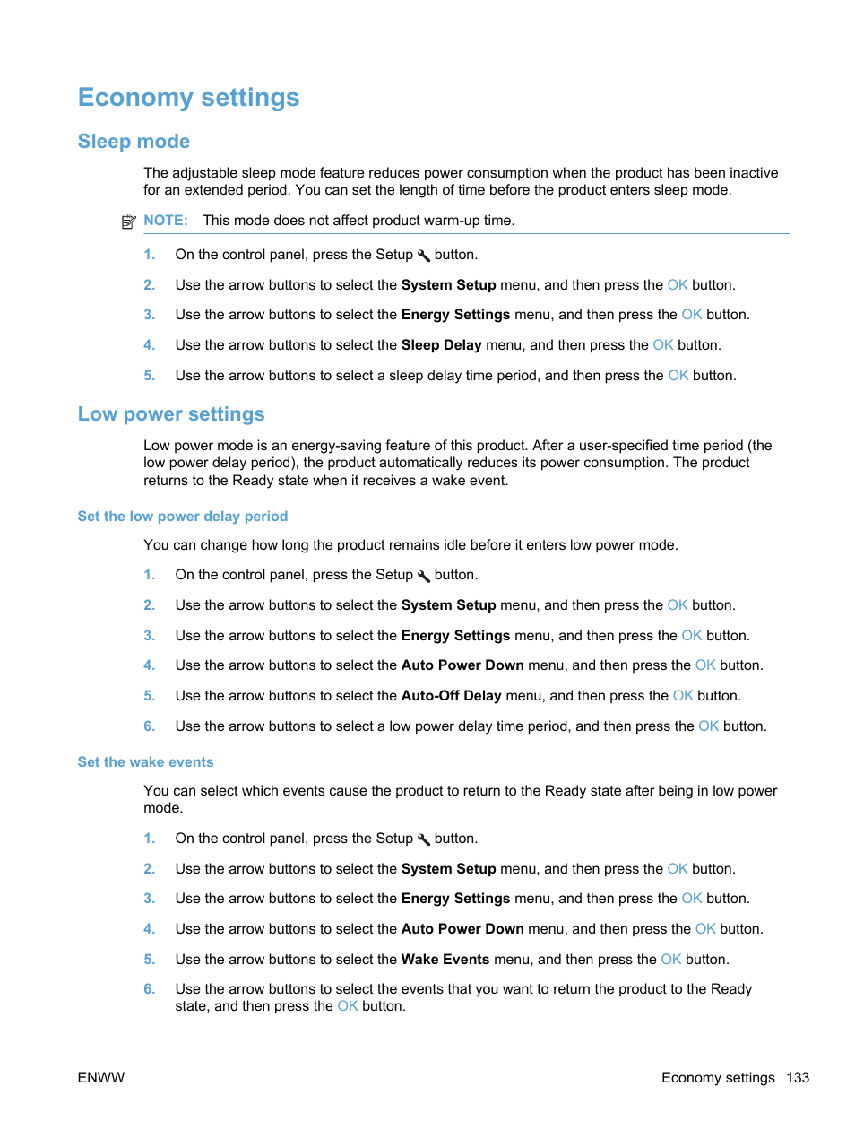 Economy settings, Sleep mode, Low power settings | Sleep mode low power settings | HP LaserJet Pro 100 color MFP M175nw User Manual | Page 147 / 220