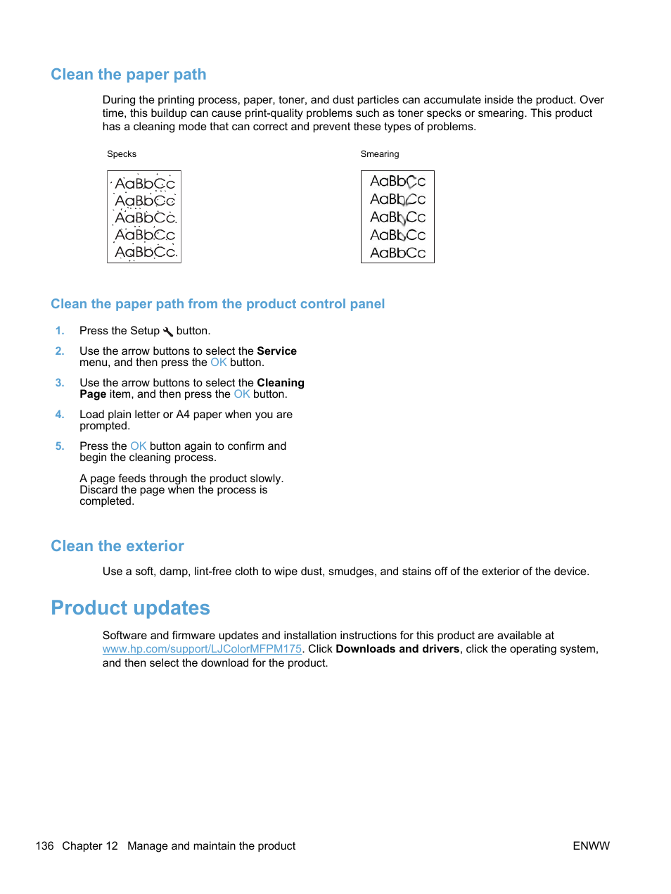 Clean the paper path, Clean the exterior, Product updates | Clean the paper path clean the exterior | HP LaserJet Pro 100 color MFP M175nw User Manual | Page 150 / 220