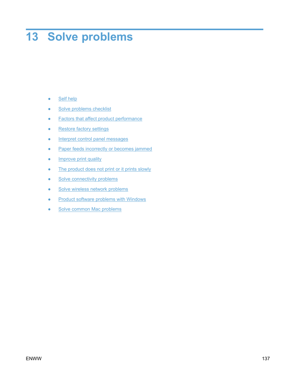 Solve problems, 13 solve problems | HP LaserJet Pro 100 color MFP M175nw User Manual | Page 151 / 220