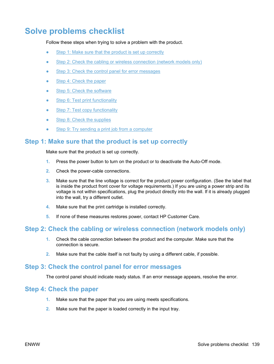 Solve problems checklist, Step 3: check the control panel for error messages, Step 4: check the paper | HP LaserJet Pro 100 color MFP M175nw User Manual | Page 153 / 220