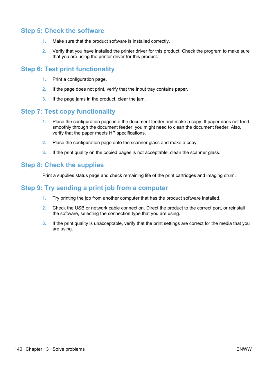 Step 5: check the software, Step 6: test print functionality, Step 7: test copy functionality | Step 8: check the supplies, Step 9: try sending a print job from a computer | HP LaserJet Pro 100 color MFP M175nw User Manual | Page 154 / 220