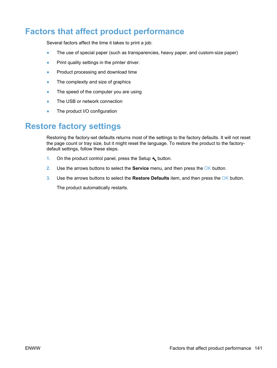 Factors that affect product performance, Restore factory settings | HP LaserJet Pro 100 color MFP M175nw User Manual | Page 155 / 220