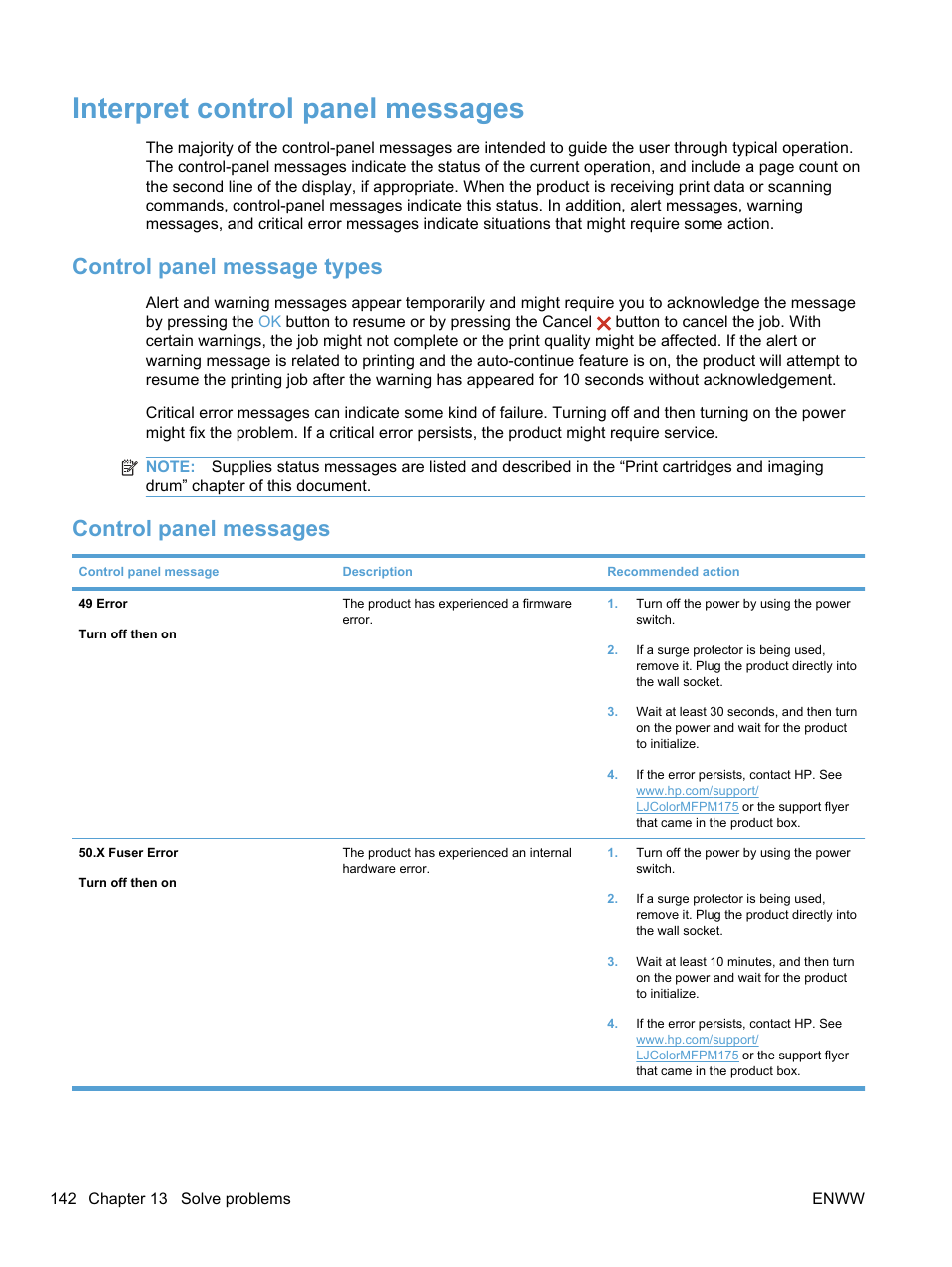 Interpret control panel messages, Control panel message types, Control panel messages | Control panel message types control panel messages | HP LaserJet Pro 100 color MFP M175nw User Manual | Page 156 / 220