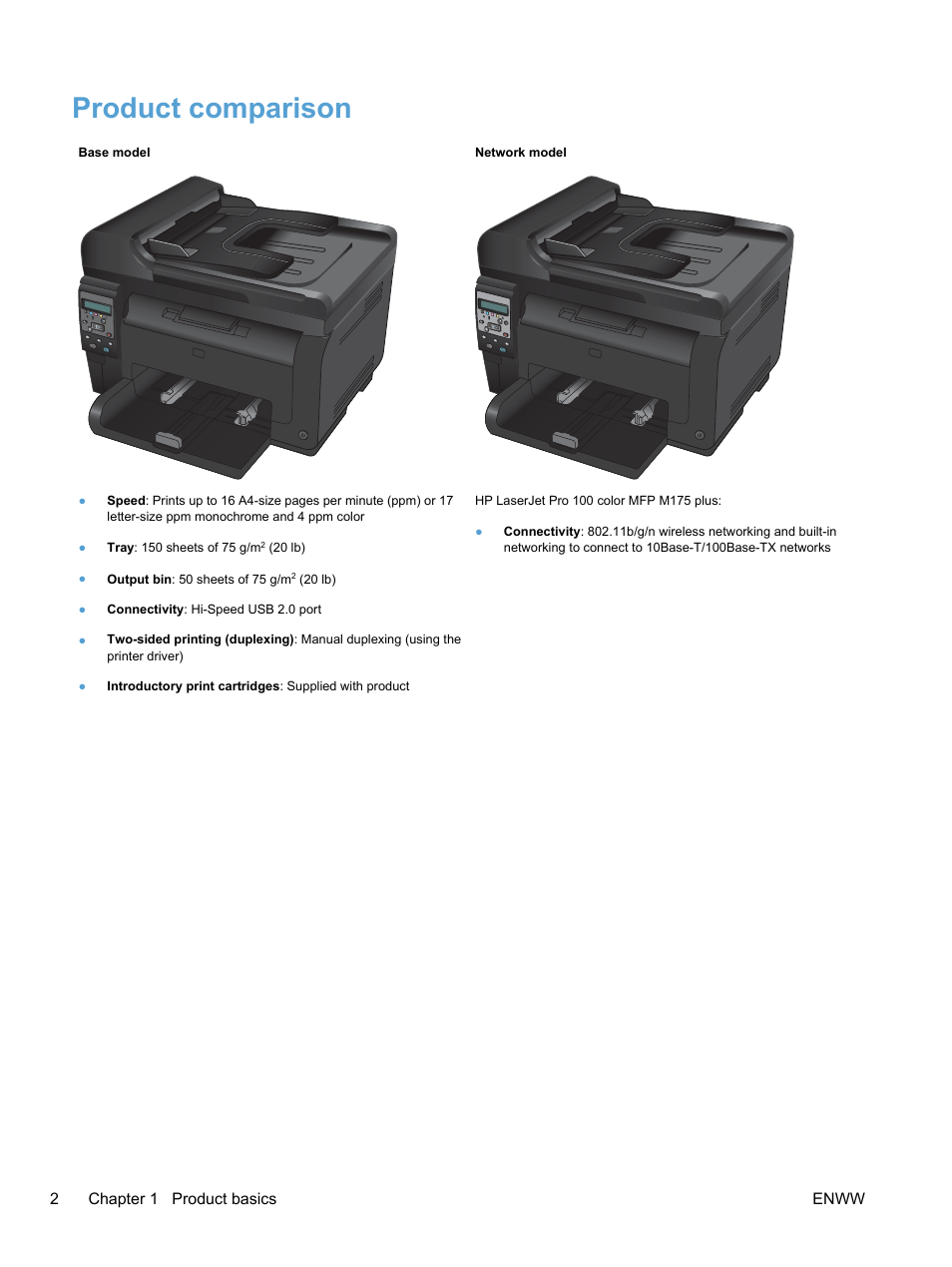Product comparison | HP LaserJet Pro 100 color MFP M175nw User Manual | Page 16 / 220