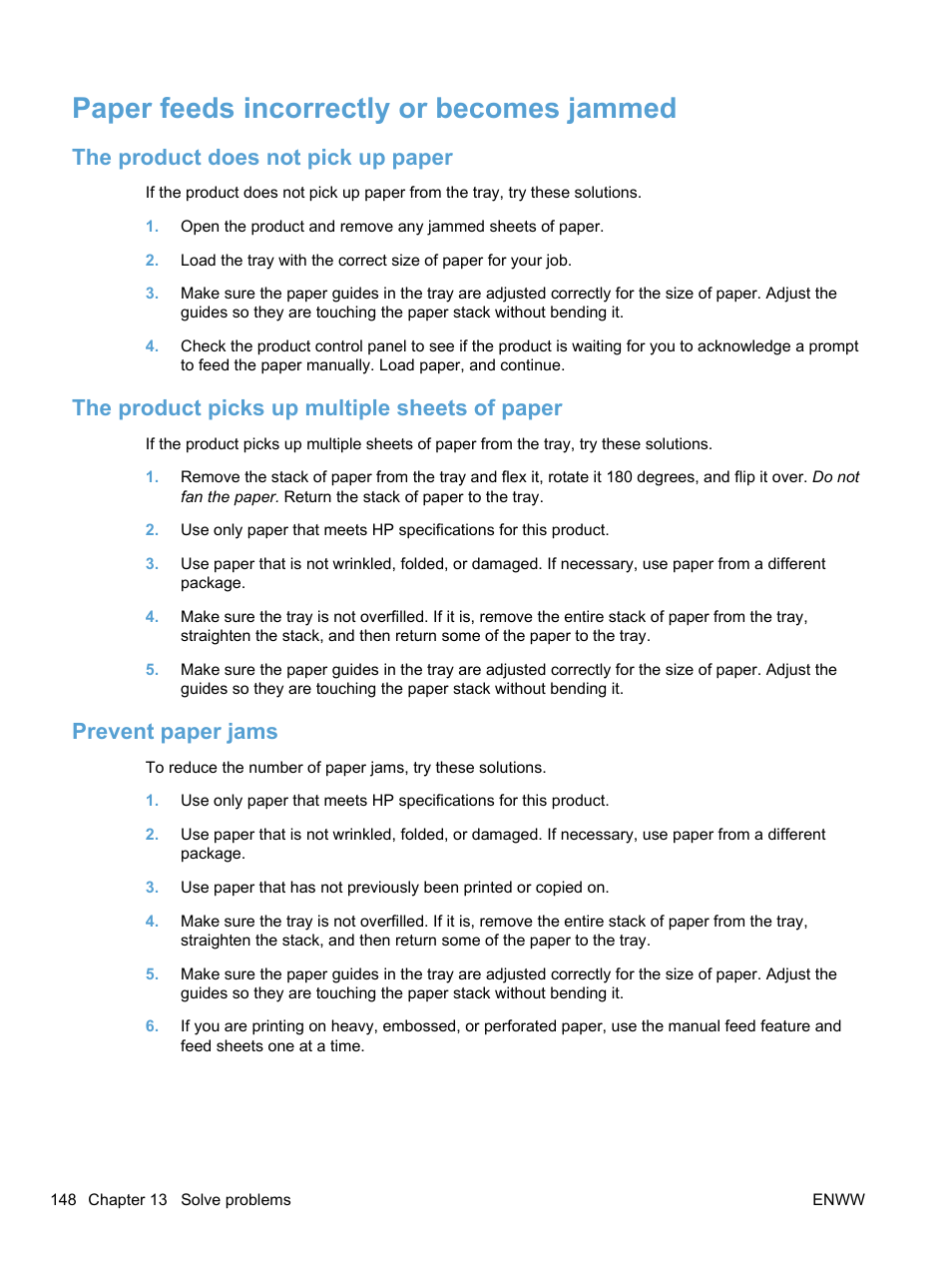 Paper feeds incorrectly or becomes jammed, The product does not pick up paper, The product picks up multiple sheets of paper | Prevent paper jams | HP LaserJet Pro 100 color MFP M175nw User Manual | Page 162 / 220