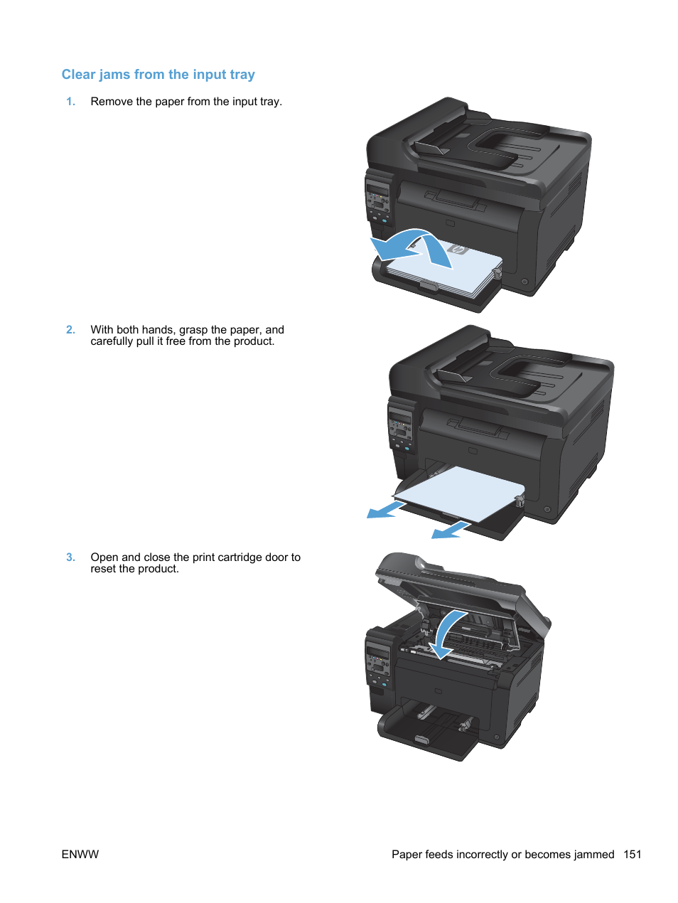 Clear jams from the input tray | HP LaserJet Pro 100 color MFP M175nw User Manual | Page 165 / 220