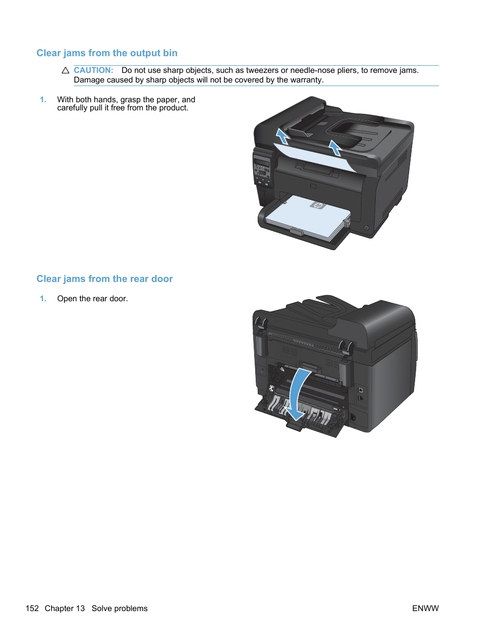 Clear jams from the output bin, Clear jams from the rear door | HP LaserJet Pro 100 color MFP M175nw User Manual | Page 166 / 220