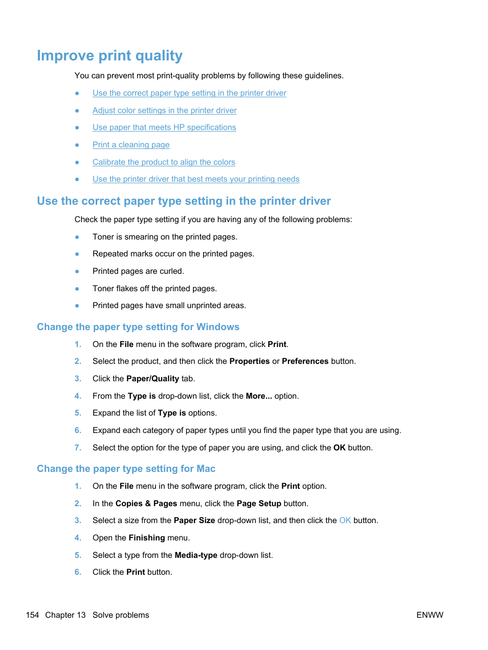 Improve print quality, Change the paper type setting for windows, Change the paper type setting for mac | HP LaserJet Pro 100 color MFP M175nw User Manual | Page 168 / 220