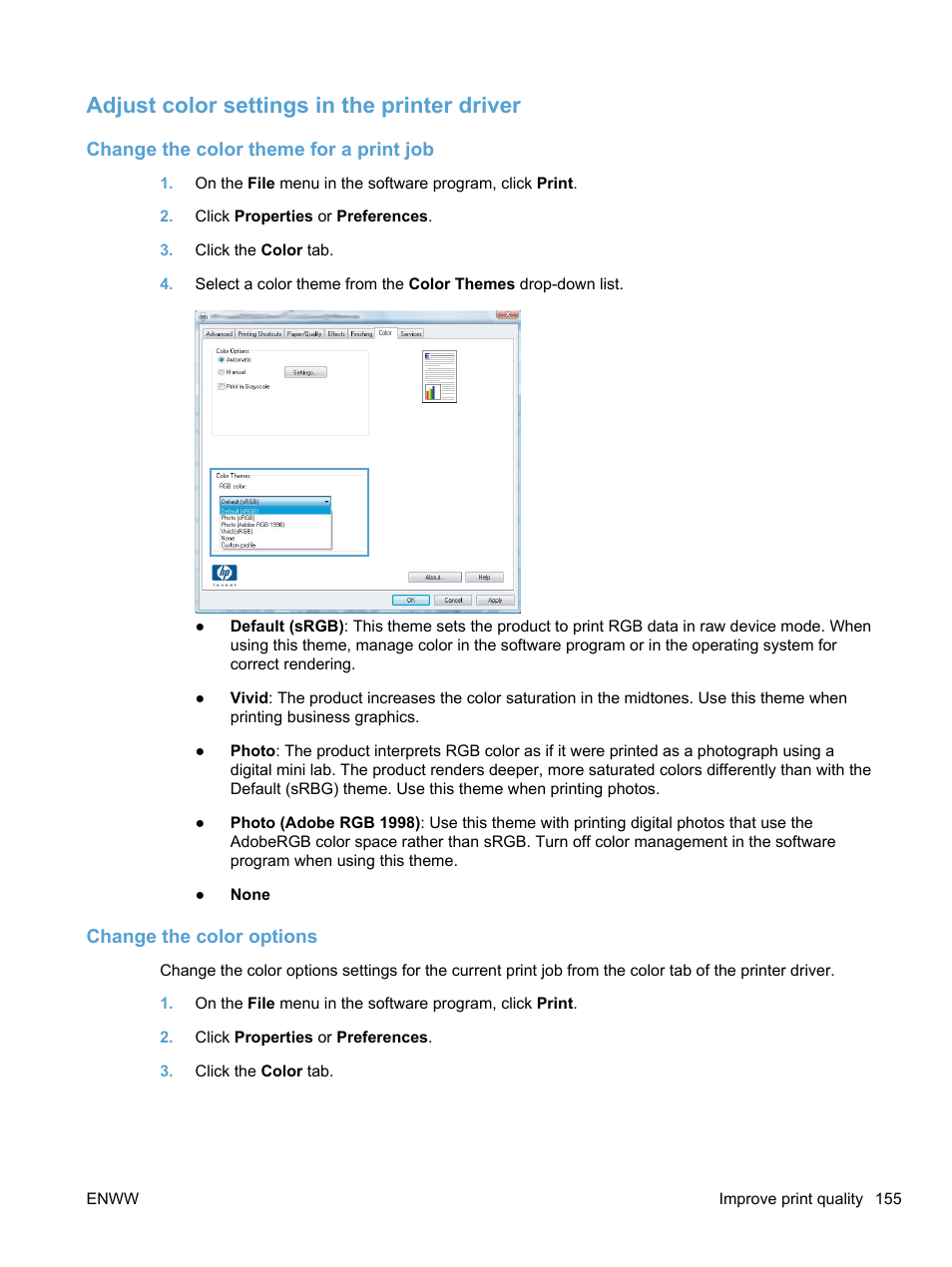 Adjust color settings in the printer driver, Change the color theme for a print job, Change the color options | HP LaserJet Pro 100 color MFP M175nw User Manual | Page 169 / 220