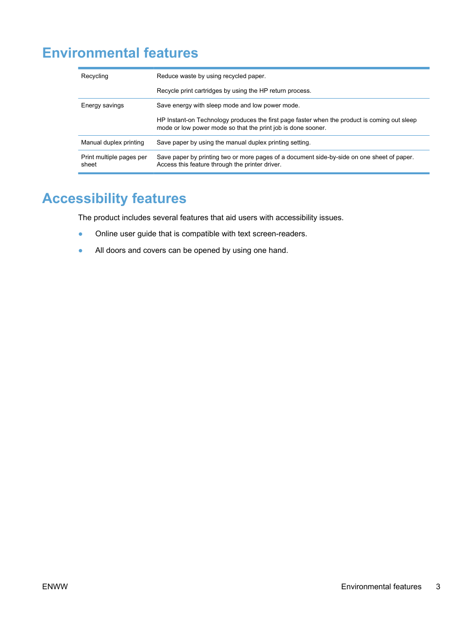 Environmental features, Accessibility features, Environmental features accessibility features | HP LaserJet Pro 100 color MFP M175nw User Manual | Page 17 / 220