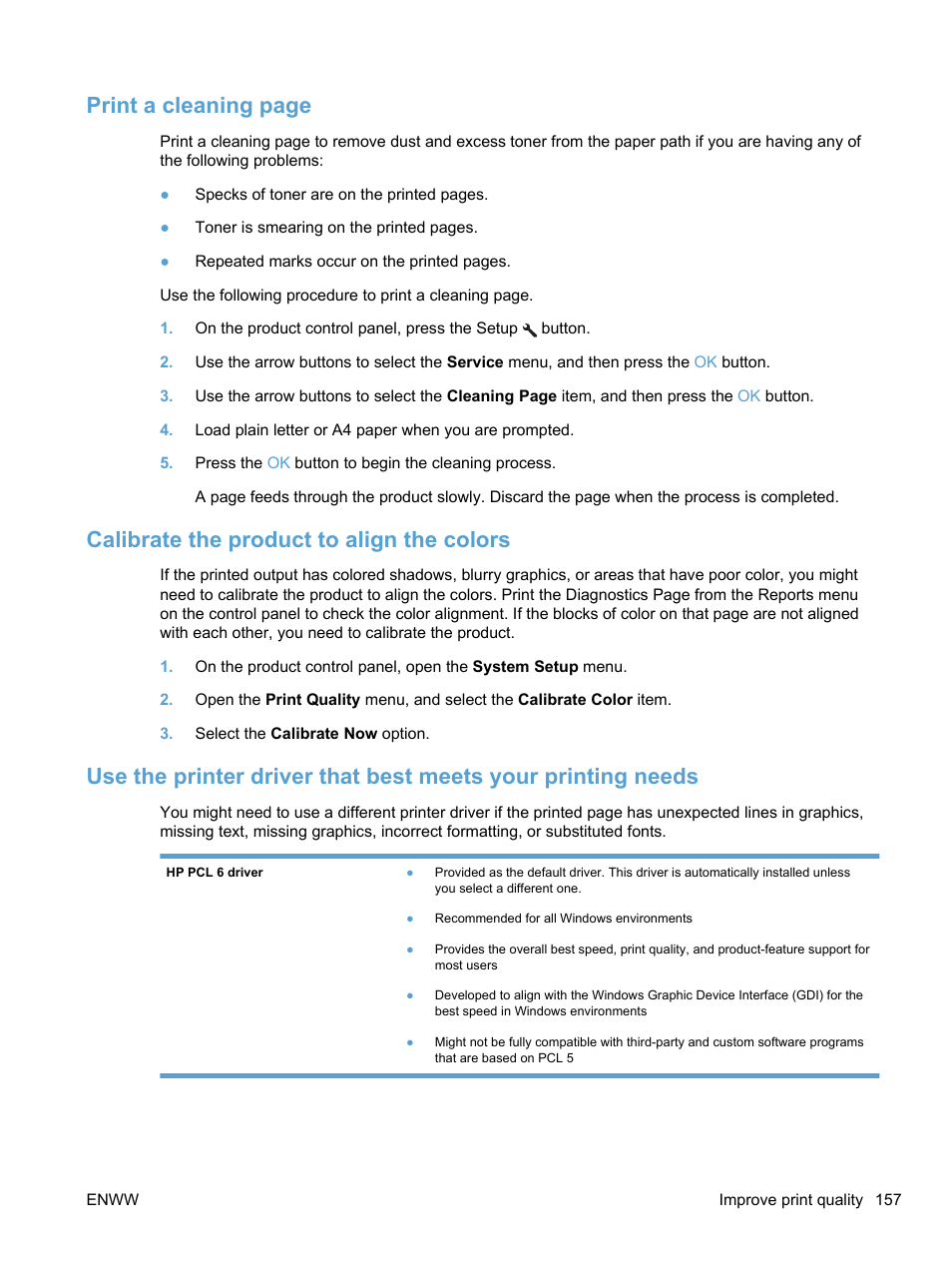 Calibrate the product to align the colors, Print a cleaning page | HP LaserJet Pro 100 color MFP M175nw User Manual | Page 171 / 220