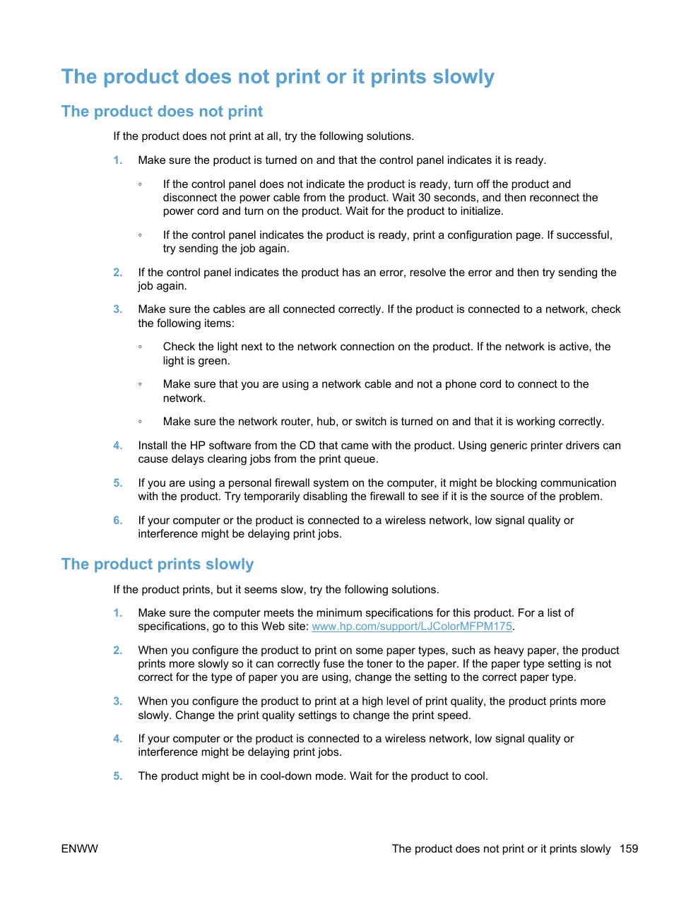 The product does not print or it prints slowly, The product does not print, The product prints slowly | HP LaserJet Pro 100 color MFP M175nw User Manual | Page 173 / 220