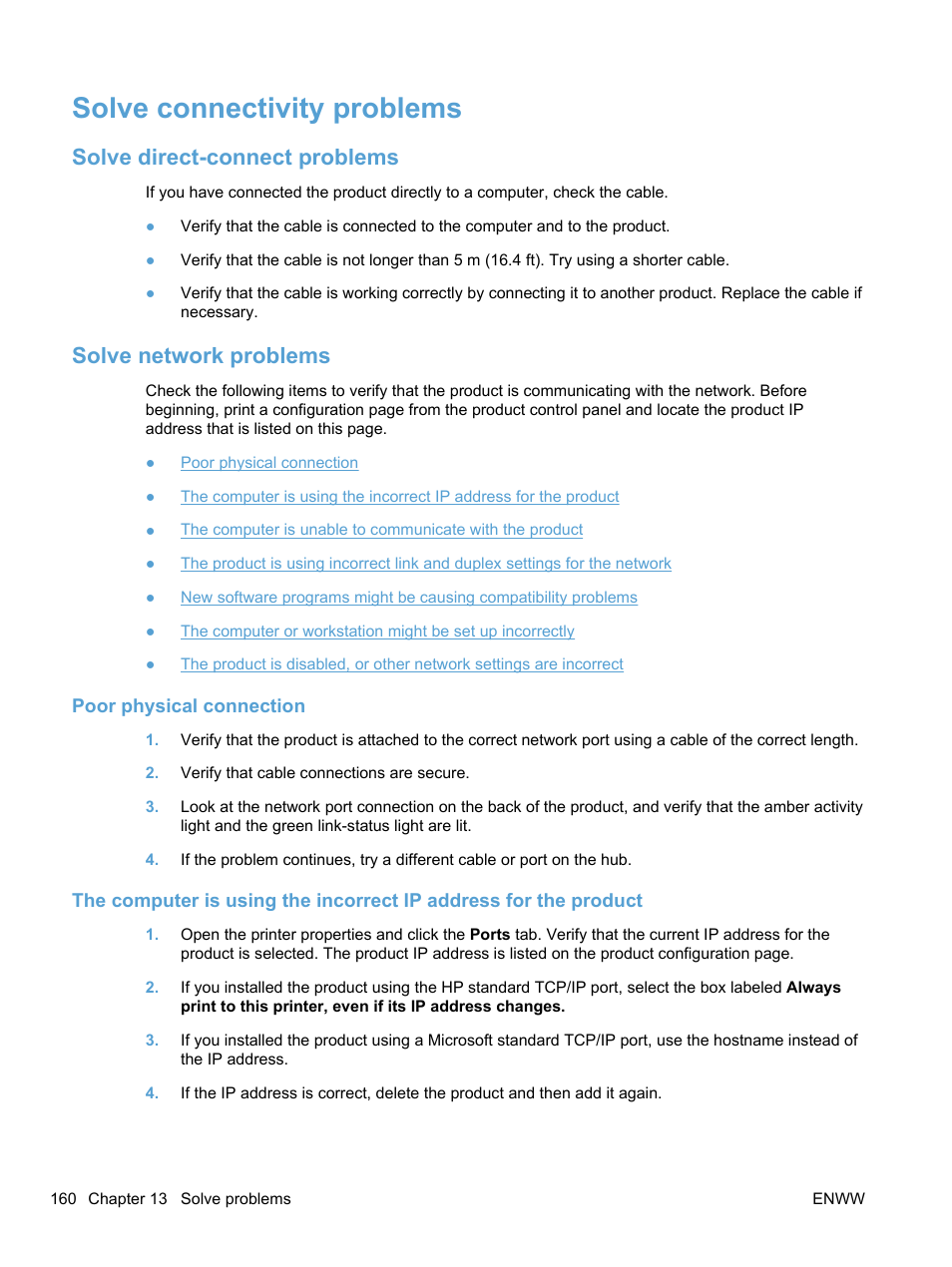 Solve connectivity problems, Solve direct-connect problems, Solve network problems | Poor physical connection | HP LaserJet Pro 100 color MFP M175nw User Manual | Page 174 / 220