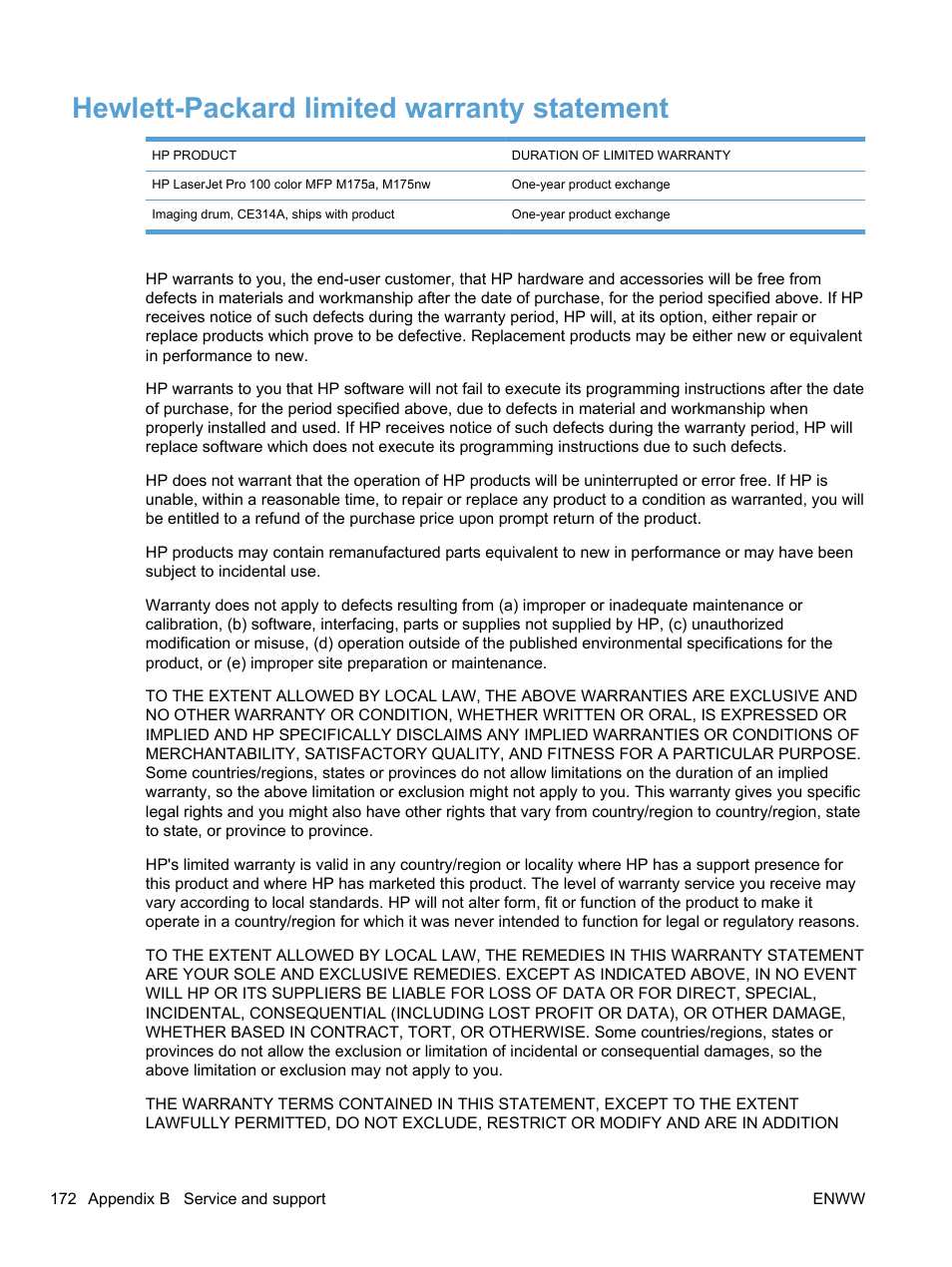 Hewlett-packard limited warranty statement | HP LaserJet Pro 100 color MFP M175nw User Manual | Page 186 / 220