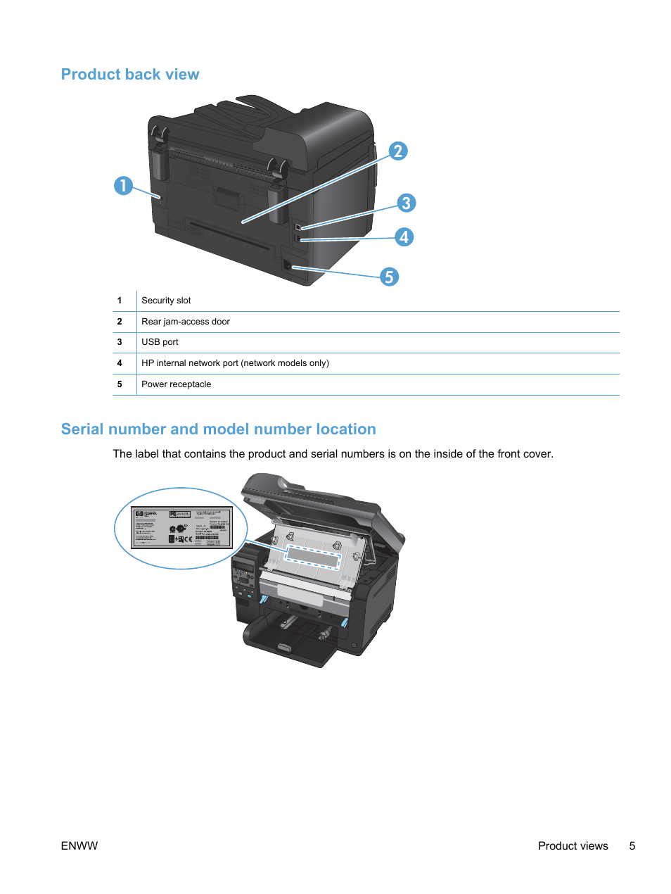 Product back view, Serial number and model number location | HP LaserJet Pro 100 color MFP M175nw User Manual | Page 19 / 220