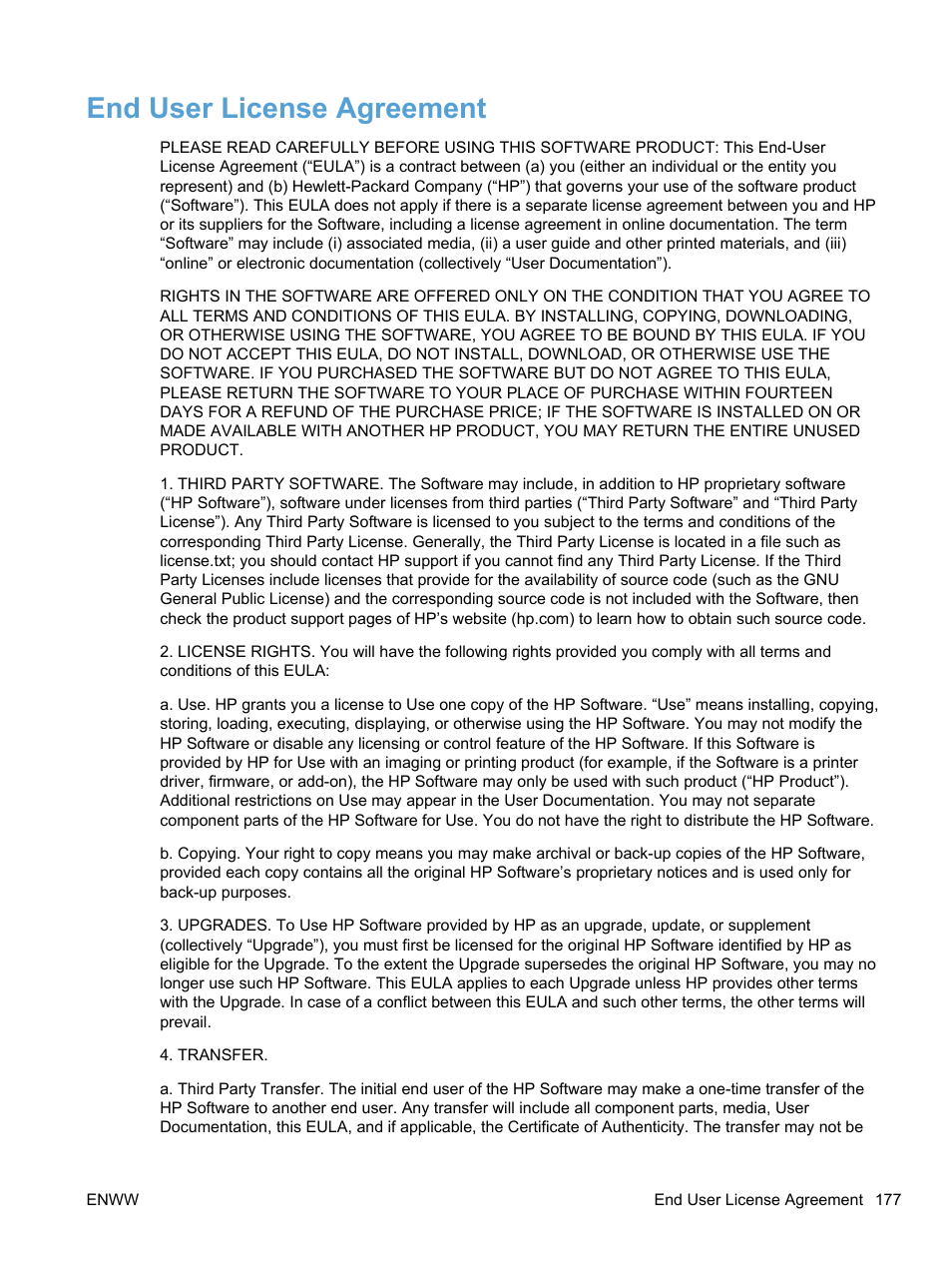 End user license agreement | HP LaserJet Pro 100 color MFP M175nw User Manual | Page 191 / 220
