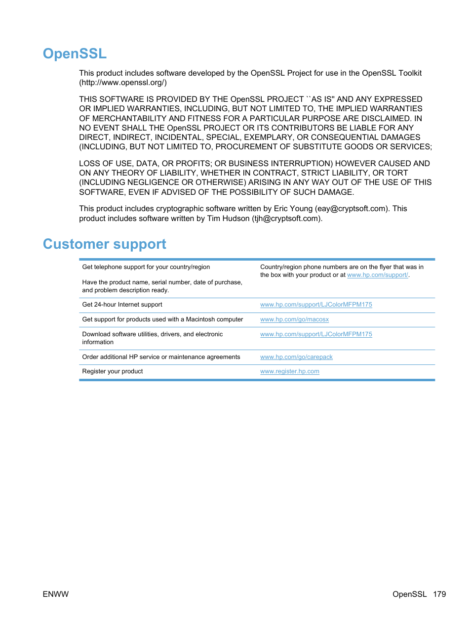 Openssl, Customer support, Openssl customer support | HP LaserJet Pro 100 color MFP M175nw User Manual | Page 193 / 220
