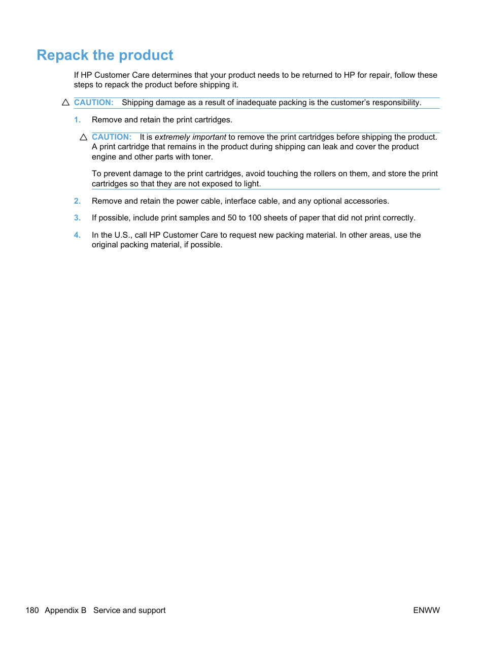 Repack the product | HP LaserJet Pro 100 color MFP M175nw User Manual | Page 194 / 220