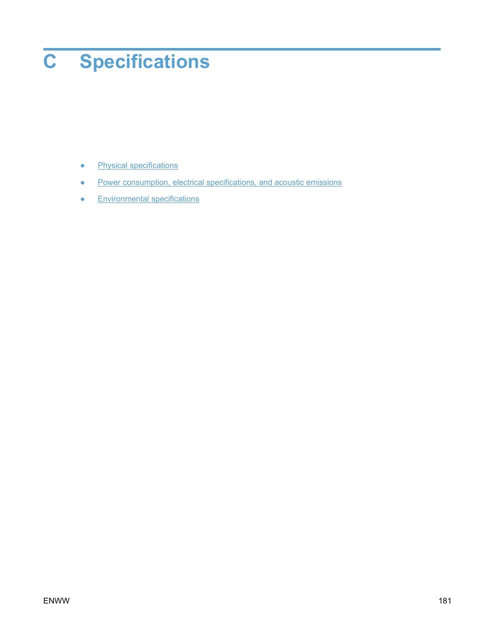 Specifications, Appendix c specifications, Cspecifications | HP LaserJet Pro 100 color MFP M175nw User Manual | Page 195 / 220