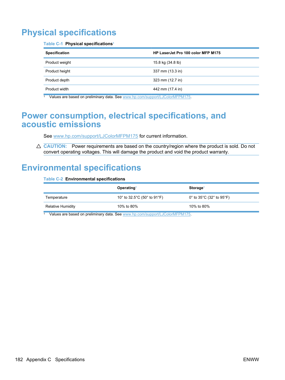Physical specifications, Environmental specifications | HP LaserJet Pro 100 color MFP M175nw User Manual | Page 196 / 220