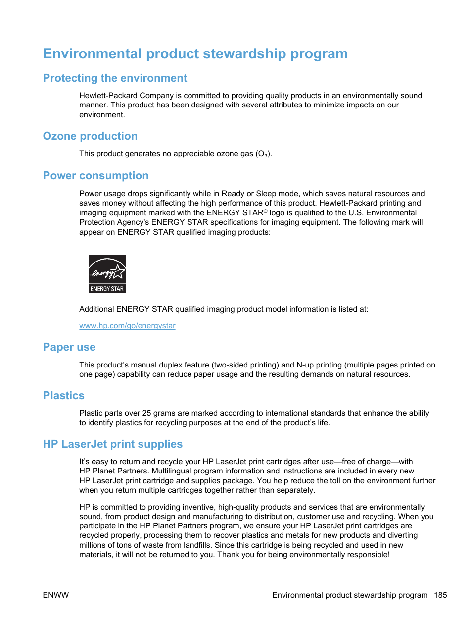 Environmental product stewardship program, Protecting the environment, Ozone production | Power consumption, Paper use, Plastics, Hp laserjet print supplies | HP LaserJet Pro 100 color MFP M175nw User Manual | Page 199 / 220