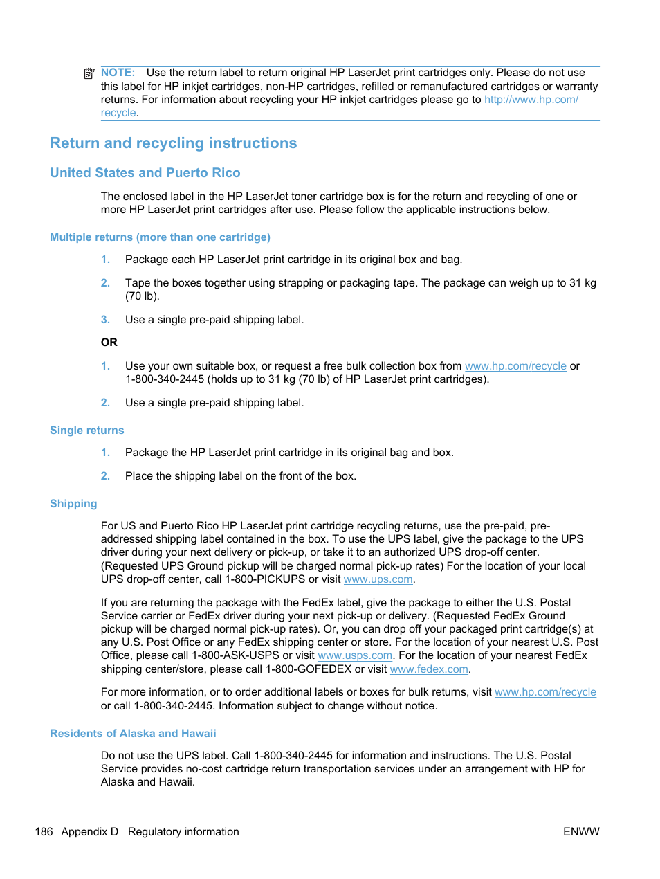 Return and recycling instructions, United states and puerto rico, Multiple returns (more than one cartridge) | Single returns, Shipping, Residents of alaska and hawaii | HP LaserJet Pro 100 color MFP M175nw User Manual | Page 200 / 220