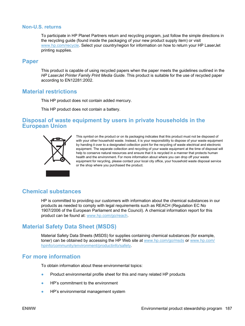 Non-u.s. returns, Paper, Material restrictions | Chemical substances, Material safety data sheet (msds), For more information | HP LaserJet Pro 100 color MFP M175nw User Manual | Page 201 / 220