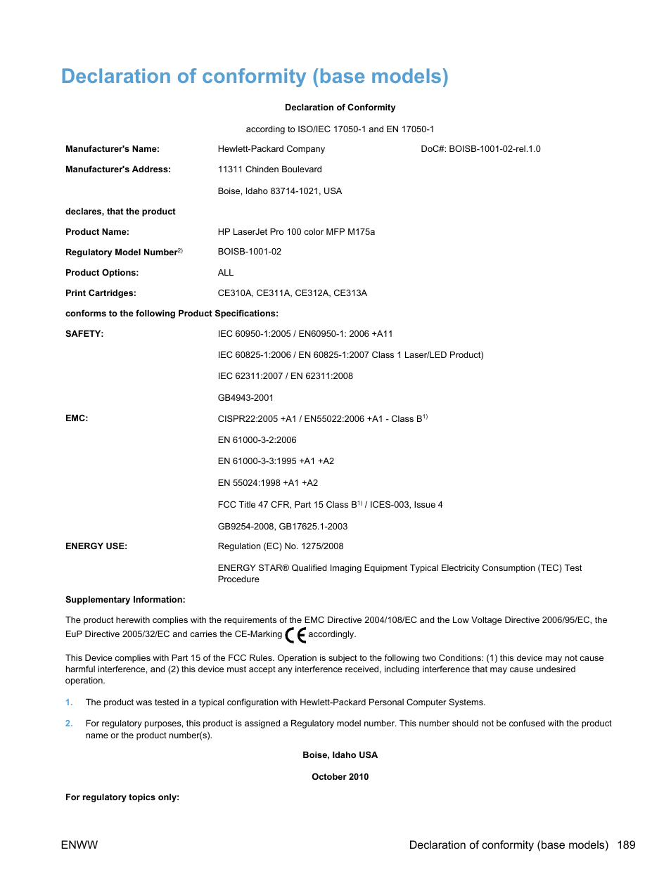 Declaration of conformity (base models), Enww declaration of conformity (base models) 189 | HP LaserJet Pro 100 color MFP M175nw User Manual | Page 203 / 220